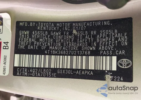 2007 Toyota Avalon Limited from USA, damaged, VIN 4T1BK36B27U213768